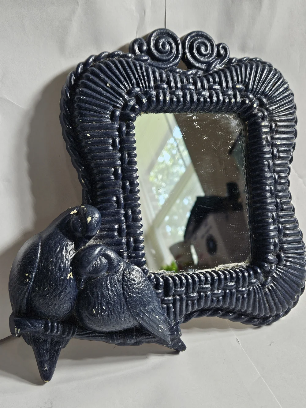 Vintage Homco Faux Rattan Vintage Burwood Lovebirds Dove Mirror Boho Wall Decor